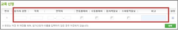 교육신청 번호 1 참가자성명 지위 연락처 전동휠체어 수동휠체어 전자책필요 수화통역필요 비고 설정 번호는 저장 후 재정렬 되며 참가신청자 이름을 입력하지 않은 경우 저장되지 않습니다 등록