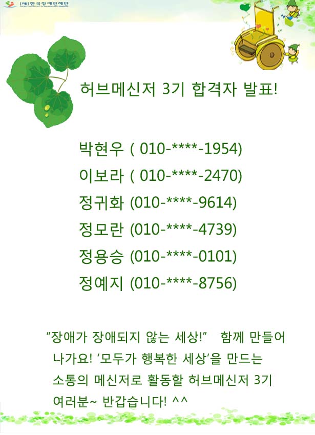 허브메신저 3기 합격자 발표!
박현우 (010-****-1954)
이보라 (010-****-2470)
정귀화 (101-****-9614)
정모란 (010-****-4739)
정용승 (010-****-0101)
정예지 (010-****-8756)

